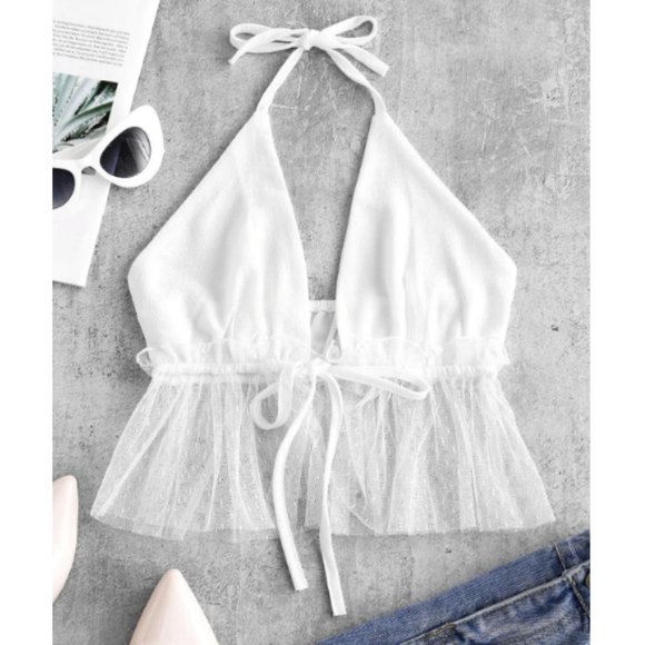 Zaful Tops - Delicate Tulle Panel Tie Front Halter Top Sz S